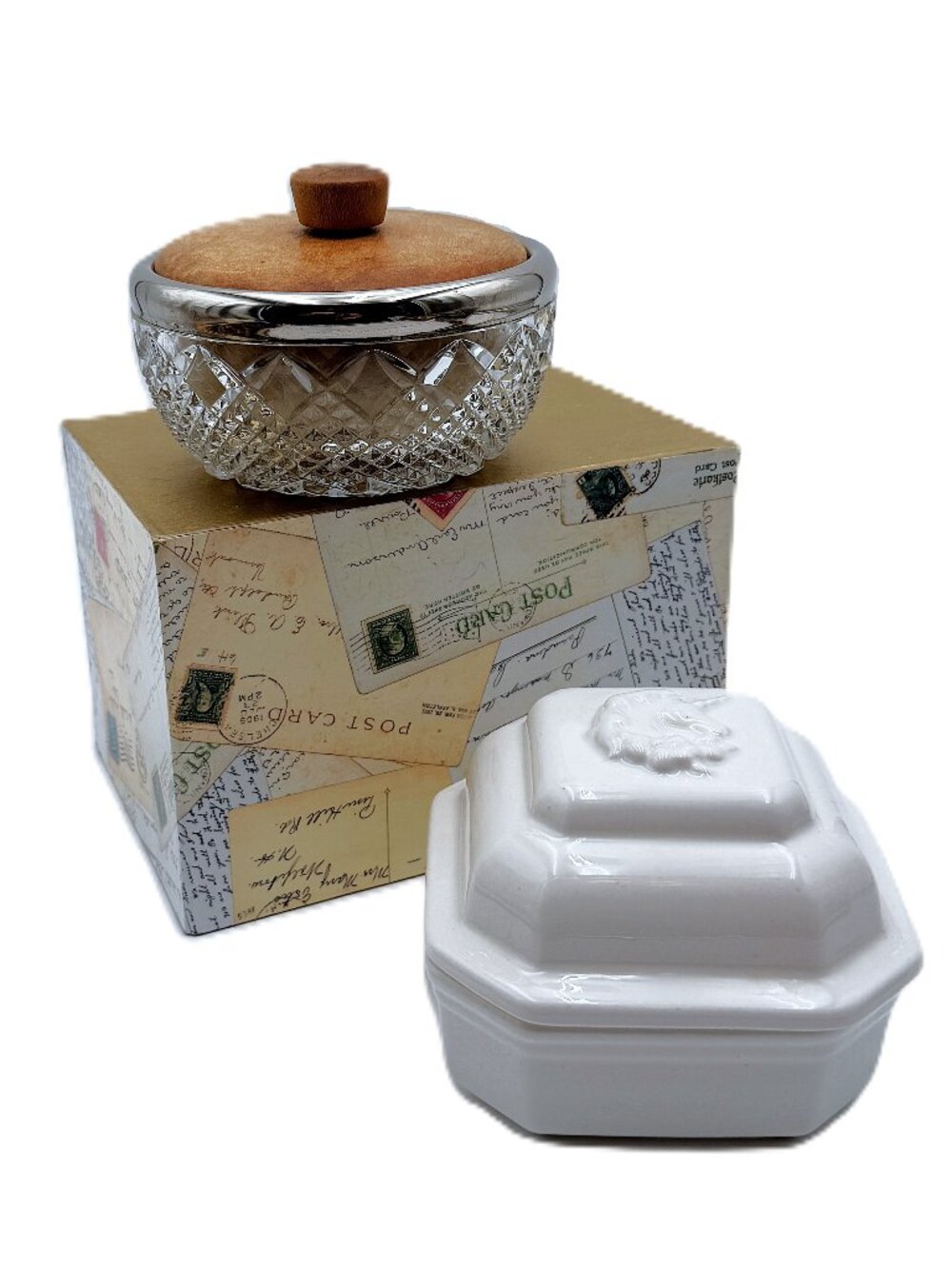 Vtg Pair Powder Jars 1930s Yardley Gardenia w‎ Puff Wood Lid & 1980 Avon Unicorn
